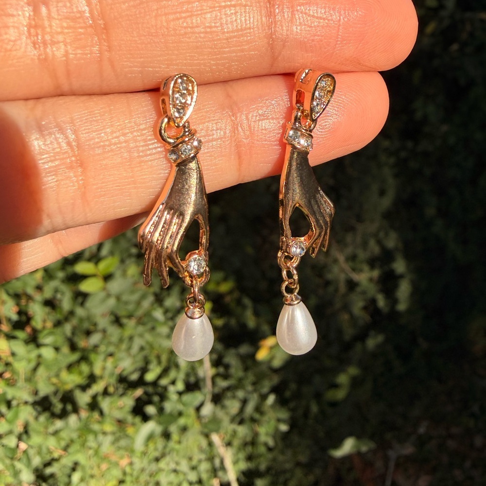 Gold Hand Pearl Drop Earrings - Vintage Style Diamond Dangle Earrings - Picture 6 of 7
